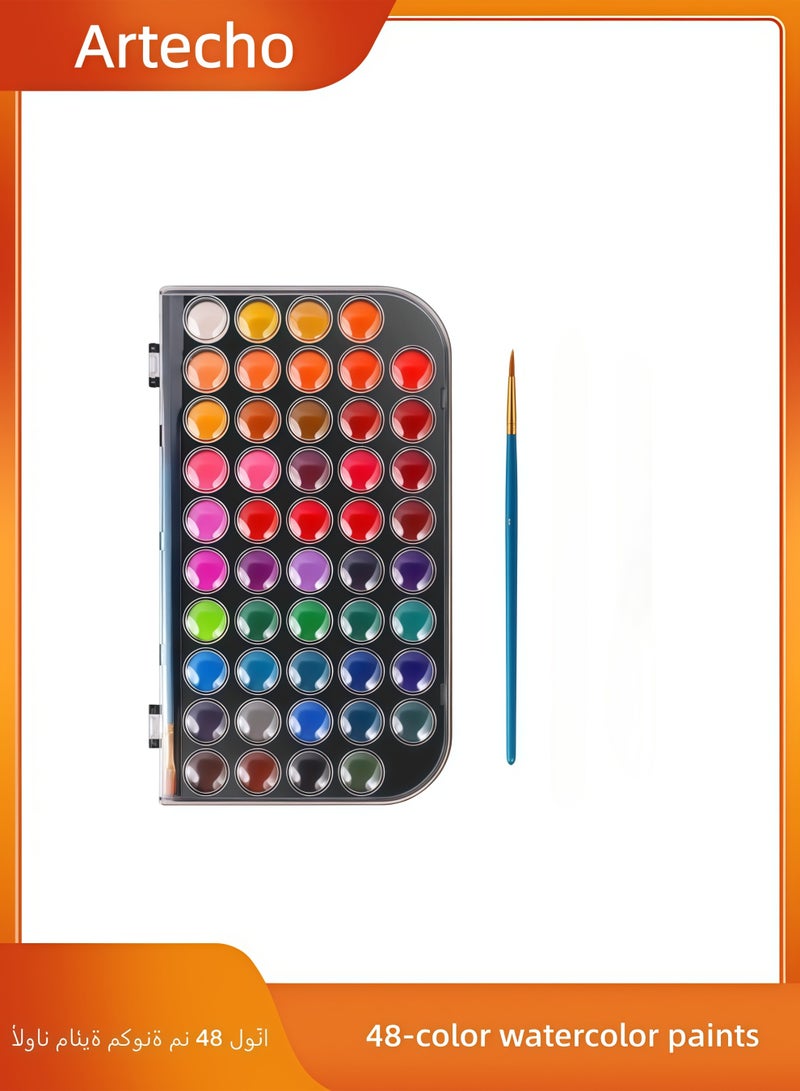 Artecho Watercolor Paint, 48 Colors Washable Watercolor Paint Set with a Brush a Refillable Water Brush Pen and Palette, Non-toxic Water Color Paints Sets for Kids Adults Artists Children Students Beginner - Image 1