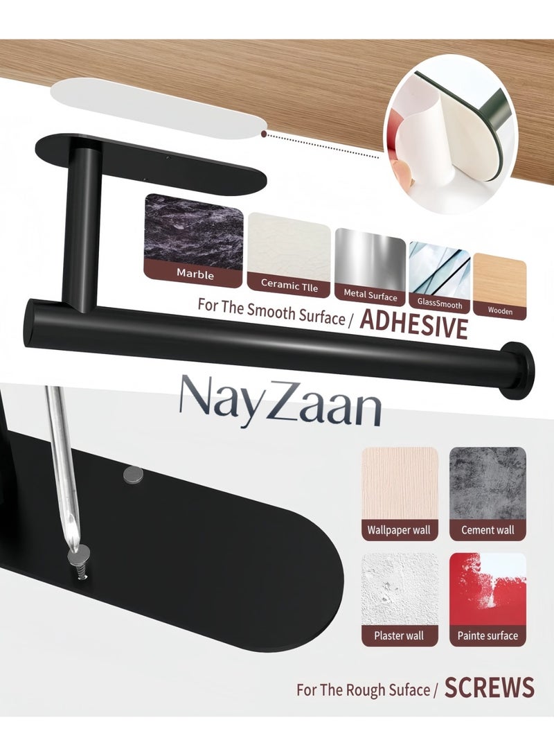 نايزان حامل مناشف ورقية من الفولاذ المقاوم للصدأ - لاصق ذاتيًا/يُثبت على الحائط/تحت الخزانة للمطبخ والحمام (أسود) - Image 3