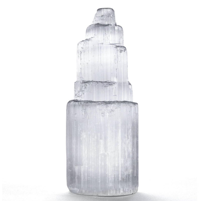 KALIFANO Selenite Skyscraper with Healing Calming Effects High Energy SelenitaSatin Spar Tower Used for Cleansing and Protection Information Card Included