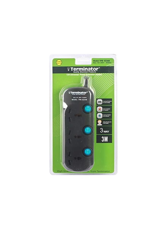 Terminator Terminator 3 Way Black Universal Power Extension Socket  - Image 2