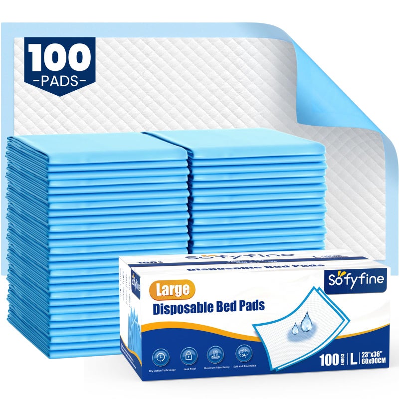 SOFYFINE 100 Count Disposable Beds Pads,23"x36" Waterproof Adults Incontinence Chucks Underpads,Absorbent Leakproof Pee Pads for Kids,Elderly,Extra Large Dog Puppy Training Pad,Baby Changing Liner - Image 1