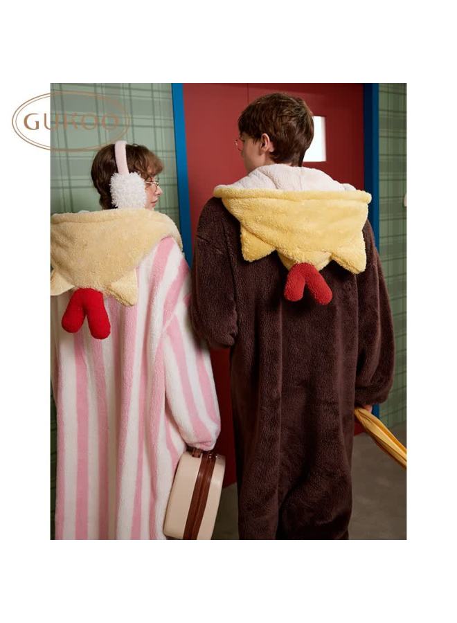 Gukoo Couples Winter Plush Hooded Cartoon Robe Men's Homewear Chestnut Color Bathrobe L - Image 2