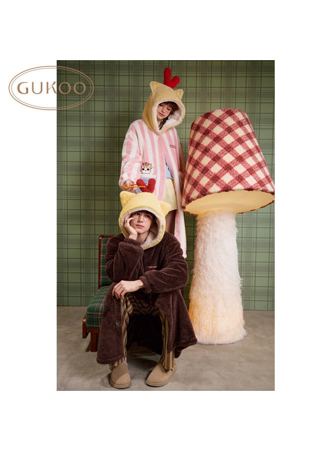 Gukoo Couples Winter Plush Hooded Cartoon Robe Men's Homewear Chestnut Color Bathrobe L - Image 3