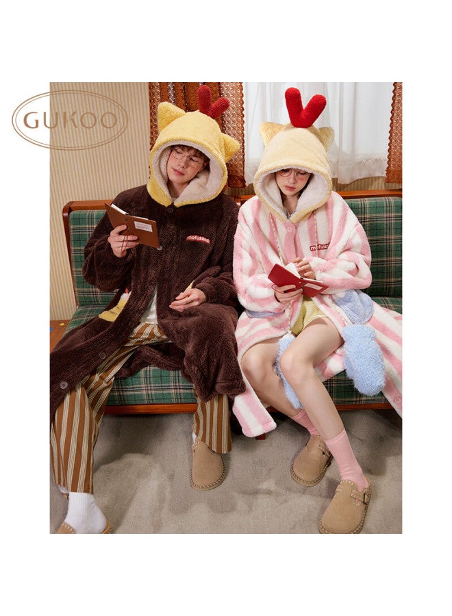 Gukoo Couples Winter Plush Hooded Cartoon Robe Men's Homewear Chestnut Color Bathrobe L - Image 1