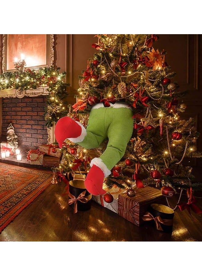 AUTOYSUR زينة شجرة عيد الميلاد الخضراء الفروية من غرينش، رأس/ذراعين/ساقين اللص الجني لتزيين قمة شجرة عيد الميلاد وزينة حفلات رأس السنة (ساقي الجني) - Image 4