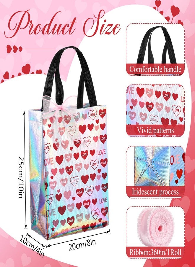 Henoyso 12 Party Favor Bags with Handle Iridescent Reusable Iridescent Gift Bags Non-woven with Gift Sturdy Cardboard Bottom for Christmas, Weddings and Xmas Holiday, 12.6 x10.6 x3.9 (Heart) - Image 2