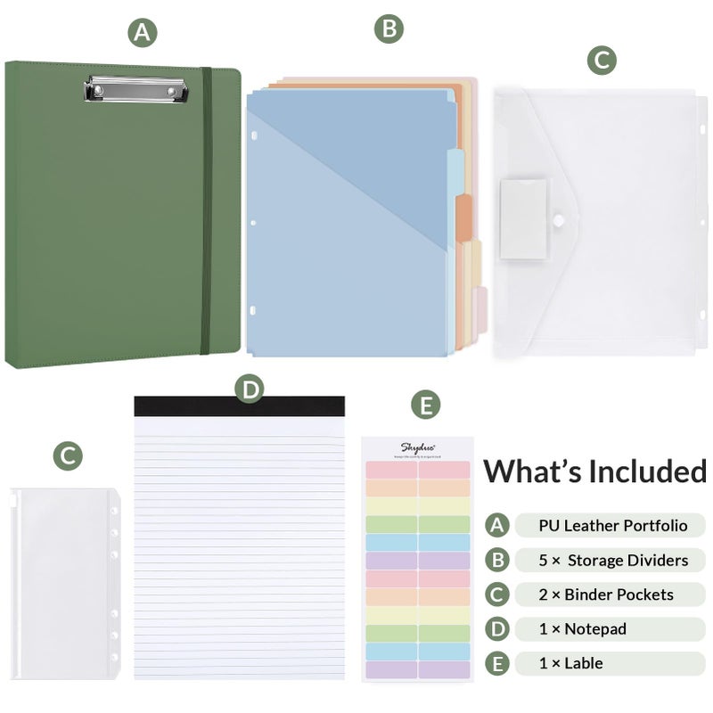 SKYDUE Clipboard Binder with Refillable Notepad, PU Clipboard Folder Includes 5 Dividers with 10 Pockets, Labels, 3 Ring Binder 1 Inch for School Office (Fit Letter Sized Paper),Olivegreen - Image 3