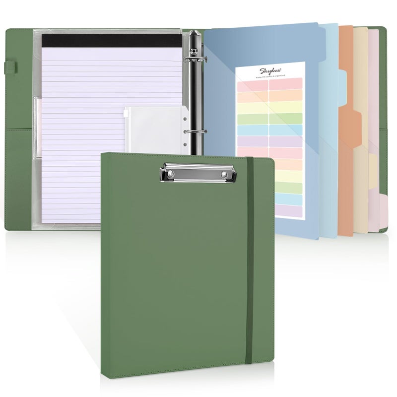 SKYDUE Clipboard Binder with Refillable Notepad, PU Clipboard Folder Includes 5 Dividers with 10 Pockets, Labels, 3 Ring Binder 1 Inch for School Office (Fit Letter Sized Paper),Olivegreen - Image 1