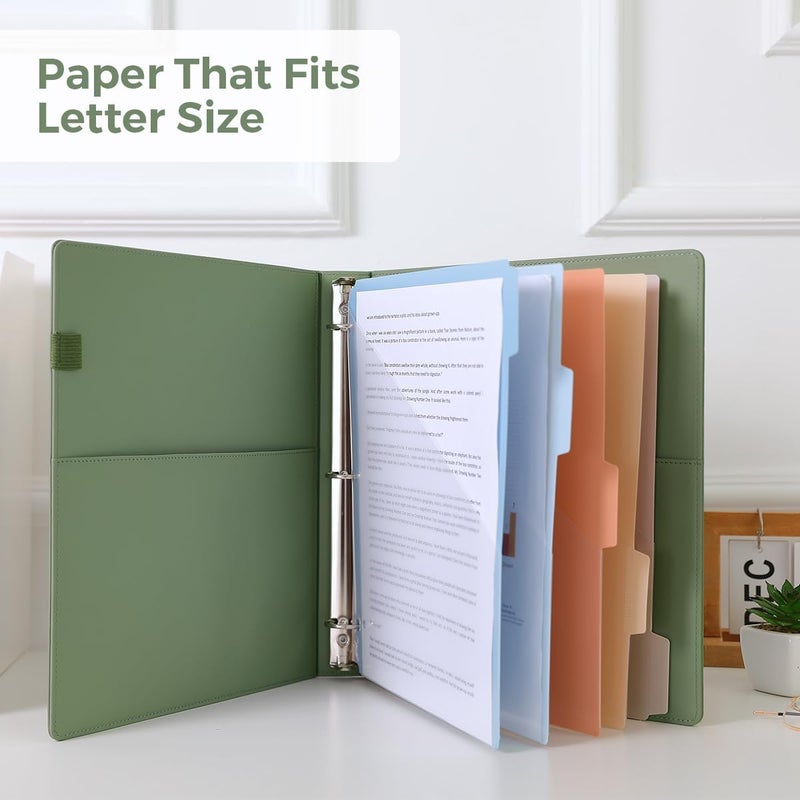 SKYDUE Clipboard Binder with Refillable Notepad, PU Clipboard Folder Includes 5 Dividers with 10 Pockets, Labels, 3 Ring Binder 1 Inch for School Office (Fit Letter Sized Paper),Olivegreen - Image 2
