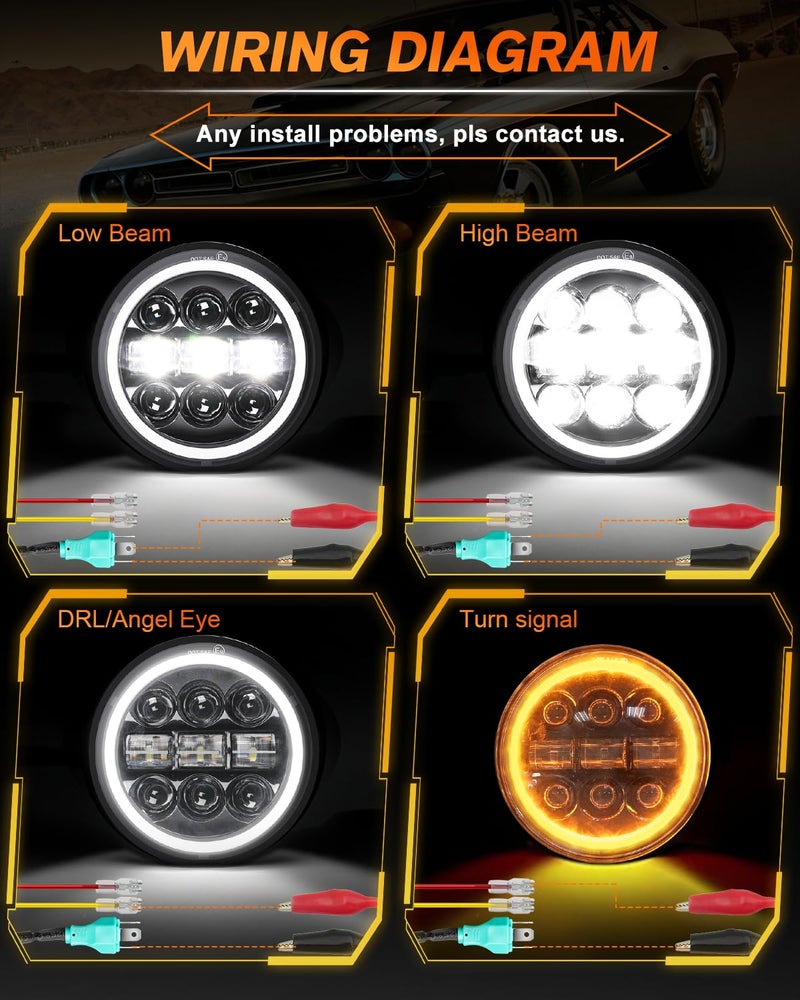 MGLLIGHT 5-3/4 5.75 inch LED Headlight White Amber LED Halo Compatible with Challenger Gran Torino Oldsmobile Cutlass Plymouth Fury Muscle Cars Trucks Angel Eye Headlights, 4 Set - Image 5