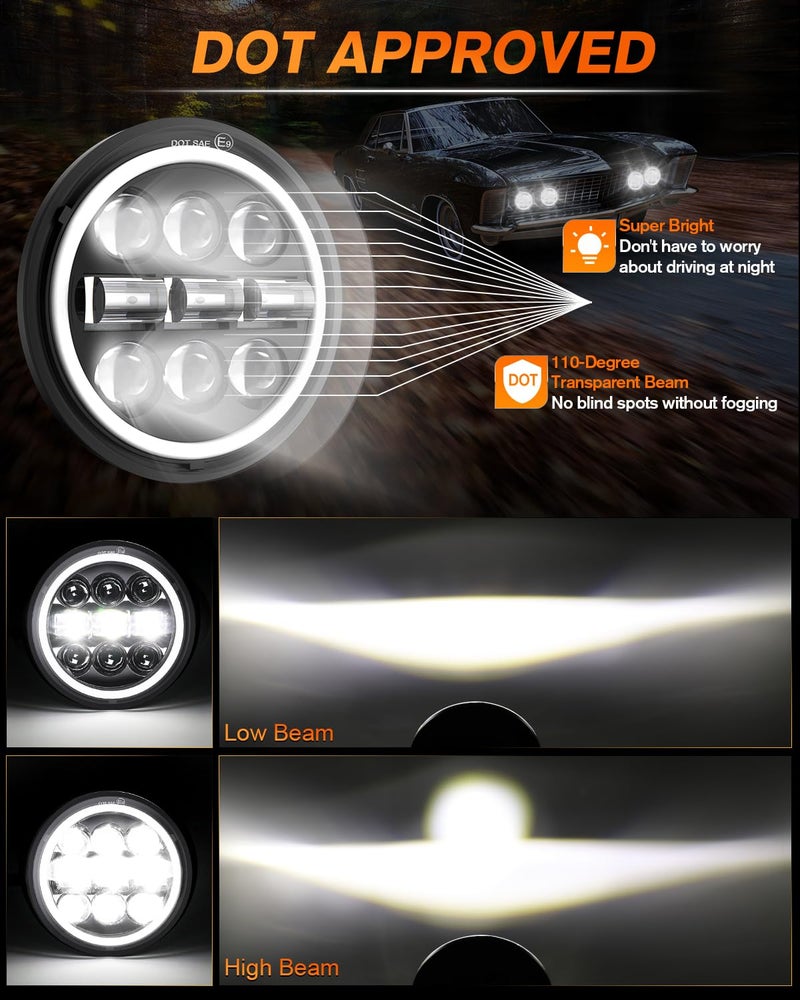 MGLLIGHT 5-3/4 5.75 inch LED Headlight White Amber LED Halo Compatible with Challenger Gran Torino Oldsmobile Cutlass Plymouth Fury Muscle Cars Trucks Angel Eye Headlights, 4 Set - Image 2