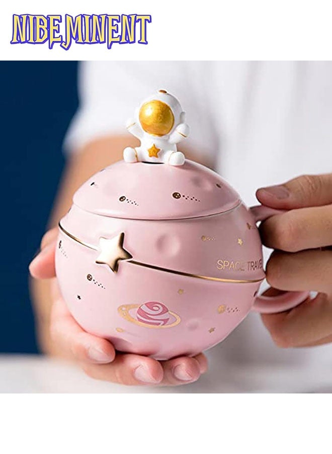 NIBEMINENT Astronaut Cup Space Embossed Planet Mug, Cute Ceramic Coffee Mug, Novelty Mug with Lid and Spoon for Coffee, Tea, Milk, Aesthetic Room Decor Funny Gift Birthday for Girl Boy Women (pink) - Image 1