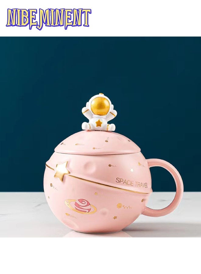 NIBEMINENT Astronaut Cup Space Embossed Planet Mug, Cute Ceramic Coffee Mug, Novelty Mug with Lid and Spoon for Coffee, Tea, Milk, Aesthetic Room Decor Funny Gift Birthday for Girl Boy Women (pink) - Image 2