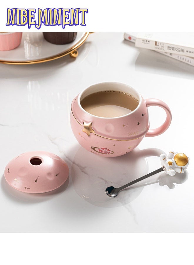 NIBEMINENT Astronaut Cup Space Embossed Planet Mug, Cute Ceramic Coffee Mug, Novelty Mug with Lid and Spoon for Coffee, Tea, Milk, Aesthetic Room Decor Funny Gift Birthday for Girl Boy Women (pink) - Image 3
