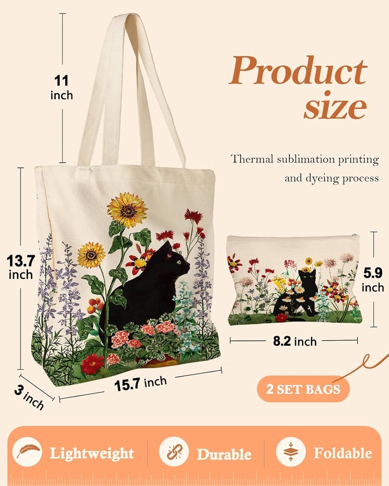 Set of 2 canvas bags with women's makeup zipper, gift bag for shopping,, travel, holiday - Image 3