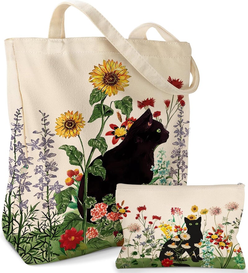 Set of 2 canvas bags with women's makeup zipper, gift bag for shopping,, travel, holiday - Image 1