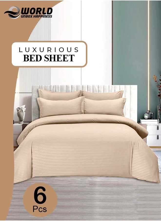 Eworld 6-Piece Premium King Size Bedding Set, Cream Striped Design and High Quality Cotton Hotel Luxury Bedsheet Soft Quilt Cover and Pillowcases  - Image 1
