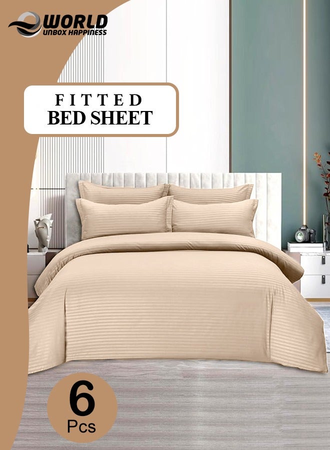 Eworld 6-Piece Premium King Size Bedding Set, Cream Striped Design and High Quality Microfiber Hotel Luxury Bedsheet Soft Quilt Cover and Pillowcases - Image 1