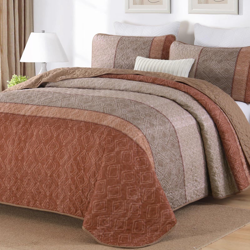 Cottolester Boho Quilt Set King Size 3 Pieces,Red Orange Striped Bedspread,Bohemian Farmhouse Coverlet Set Soft Microfiber Bedding Set for All Season 110"x90" - Image 1