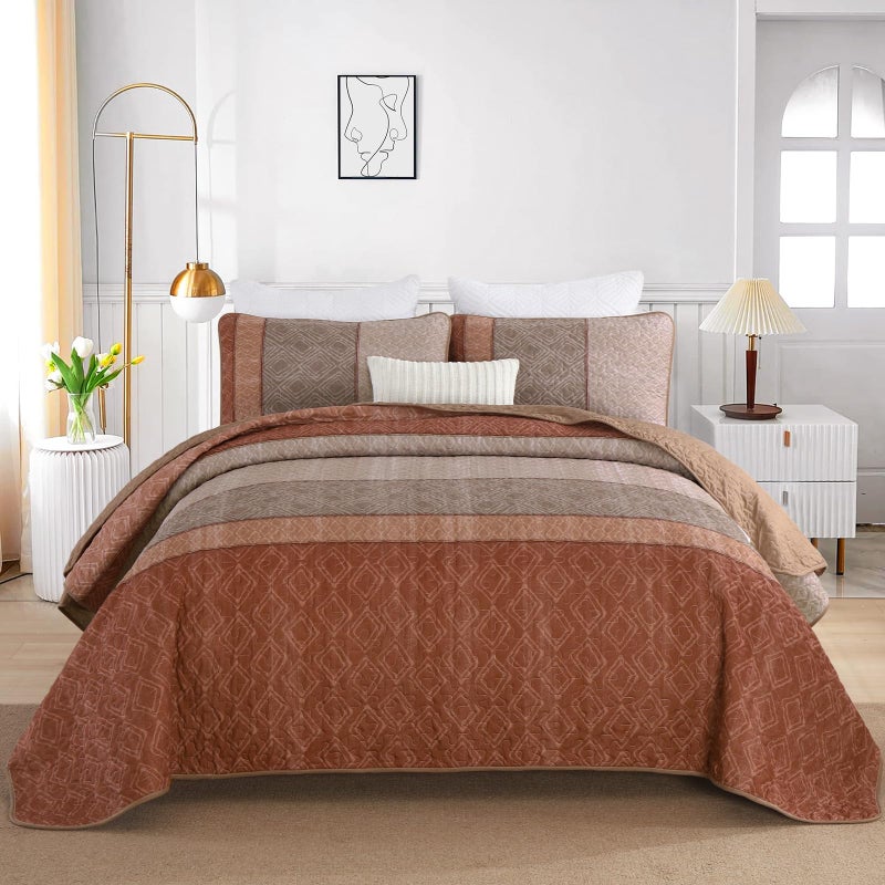 Cottolester Boho Quilt Set King Size 3 Pieces,Red Orange Striped Bedspread,Bohemian Farmhouse Coverlet Set Soft Microfiber Bedding Set for All Season 110"x90" - Image 2