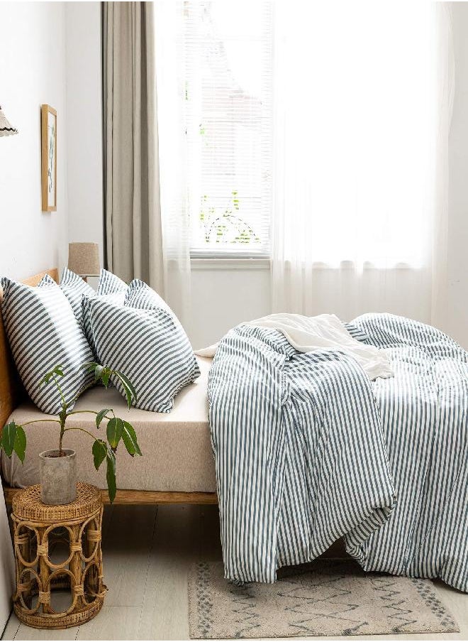 JELLYMONI - JELLYMONI 100% Natural Cotton 2pcs Striped Duvet Cover Sets,White Duvet Cover with Grayish Blue Stripes Pattern Printed Comforter Cover,with Zipper Closure & Corner Ties(Twin Size) - Image 1