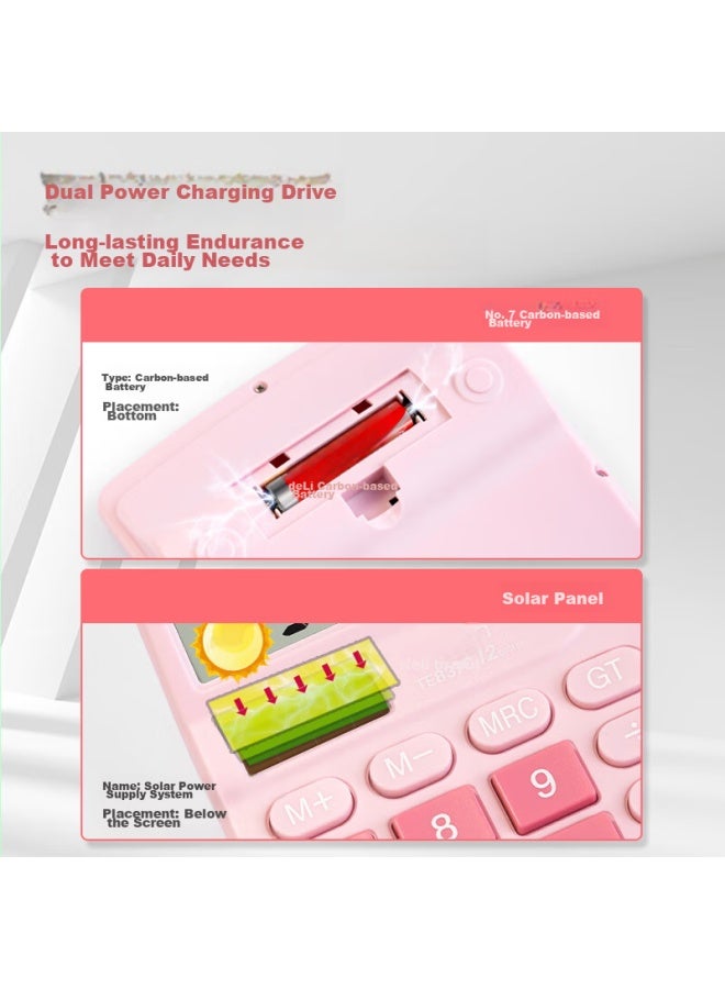 ديلي Deli [شائع جدًا] حاسبة مكتبية ثنائية الطاقة، حاسبة سطح مكتب كبيرة الشاشة مكونة من 12 رقمًا، حاسبة لطلاب الصف الرابع، لوازم مكتبية، وردي Te837c - Image 2