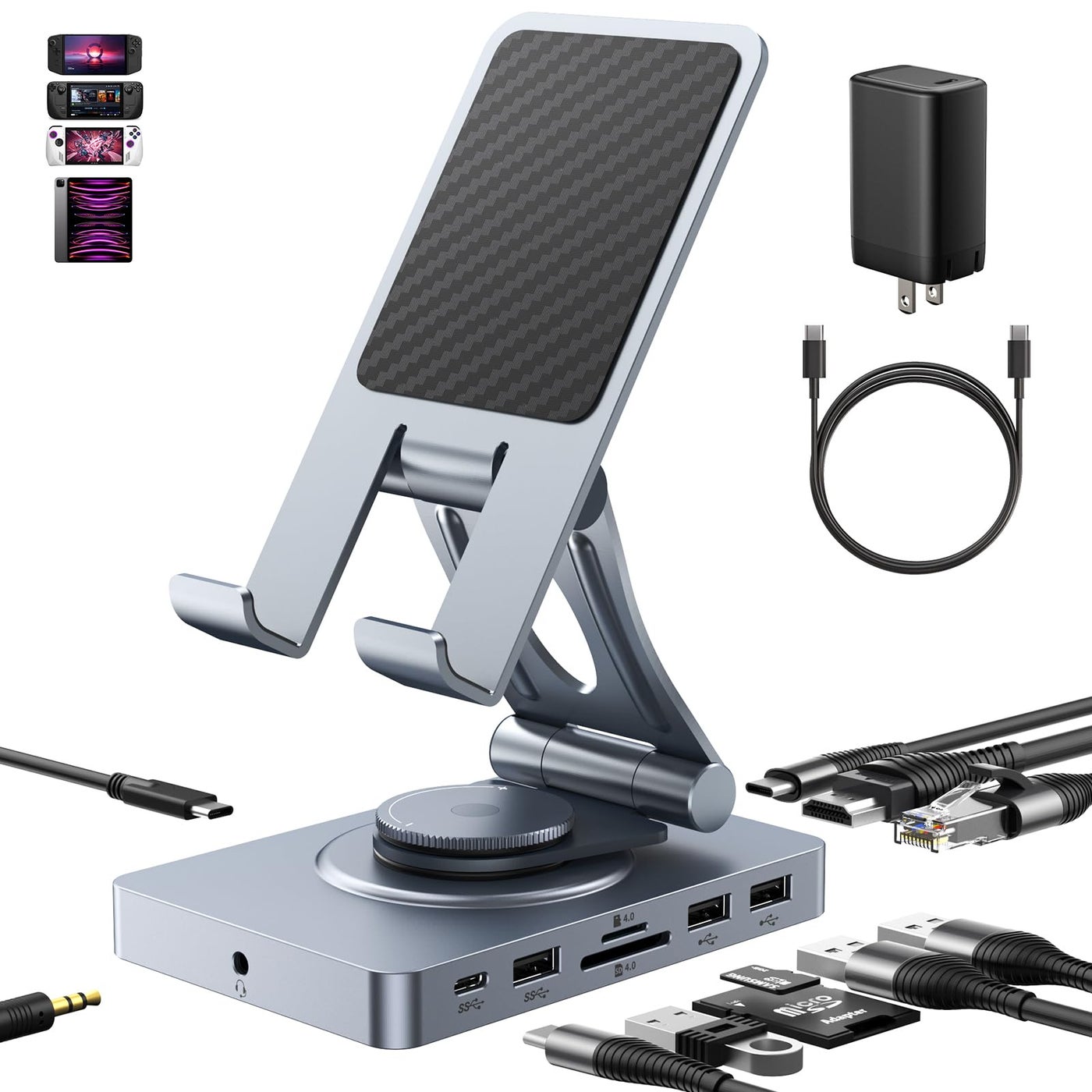 Versatile USB C Docking Station for iPad USBC 11in1 with SD TF 40 Reader 4K60Hz HDMI RJ45 Audio USB A USB c Rotatable Also for Tablet Steam Deck ROG Ally Legion Go with 65W Adapter