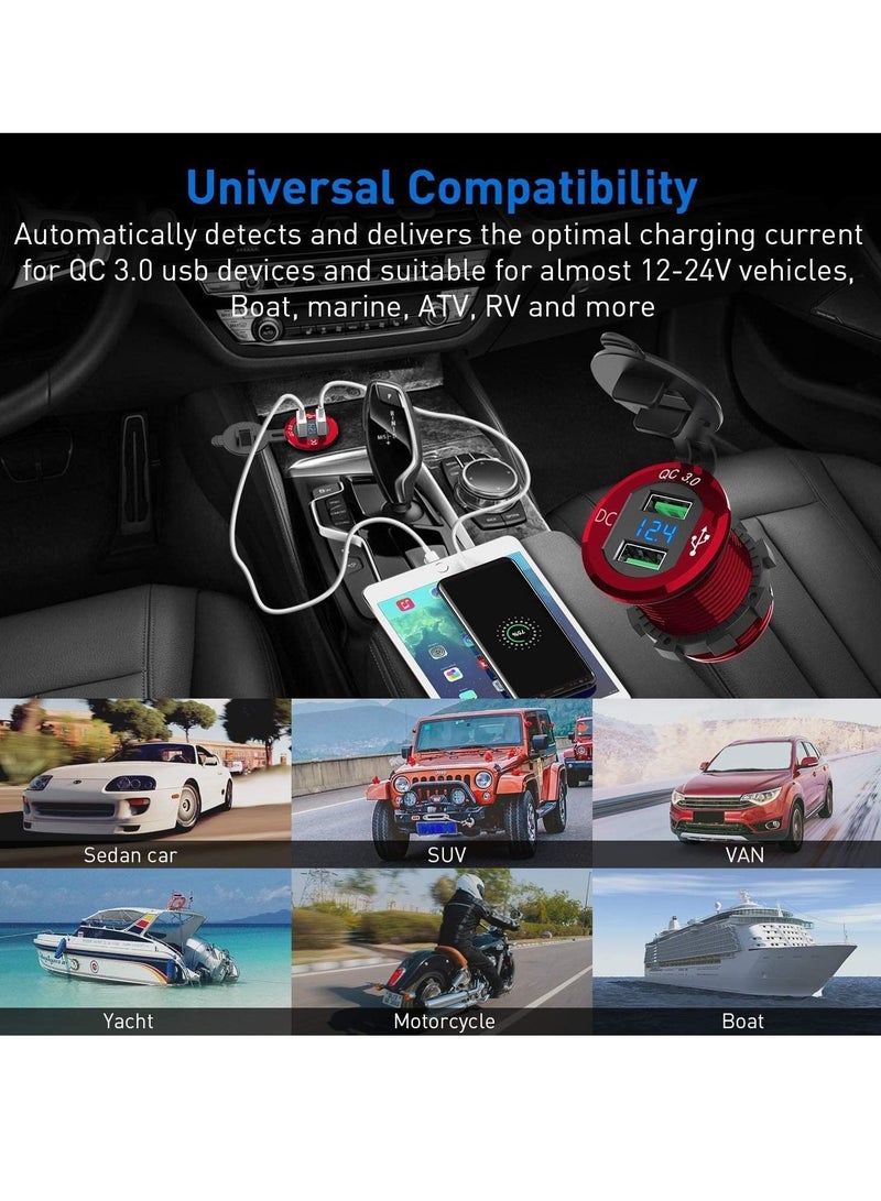 كابتن تيك مقبس شاحن السيارة ، Quick Charge 4.0 PD Type C and 3.0 USB ، 12V / 24V Outlet Power مقاوم للماء مع منافذ مزدوجة للدراجات البخارية البحرية والجولف (أحمر) - Image 3