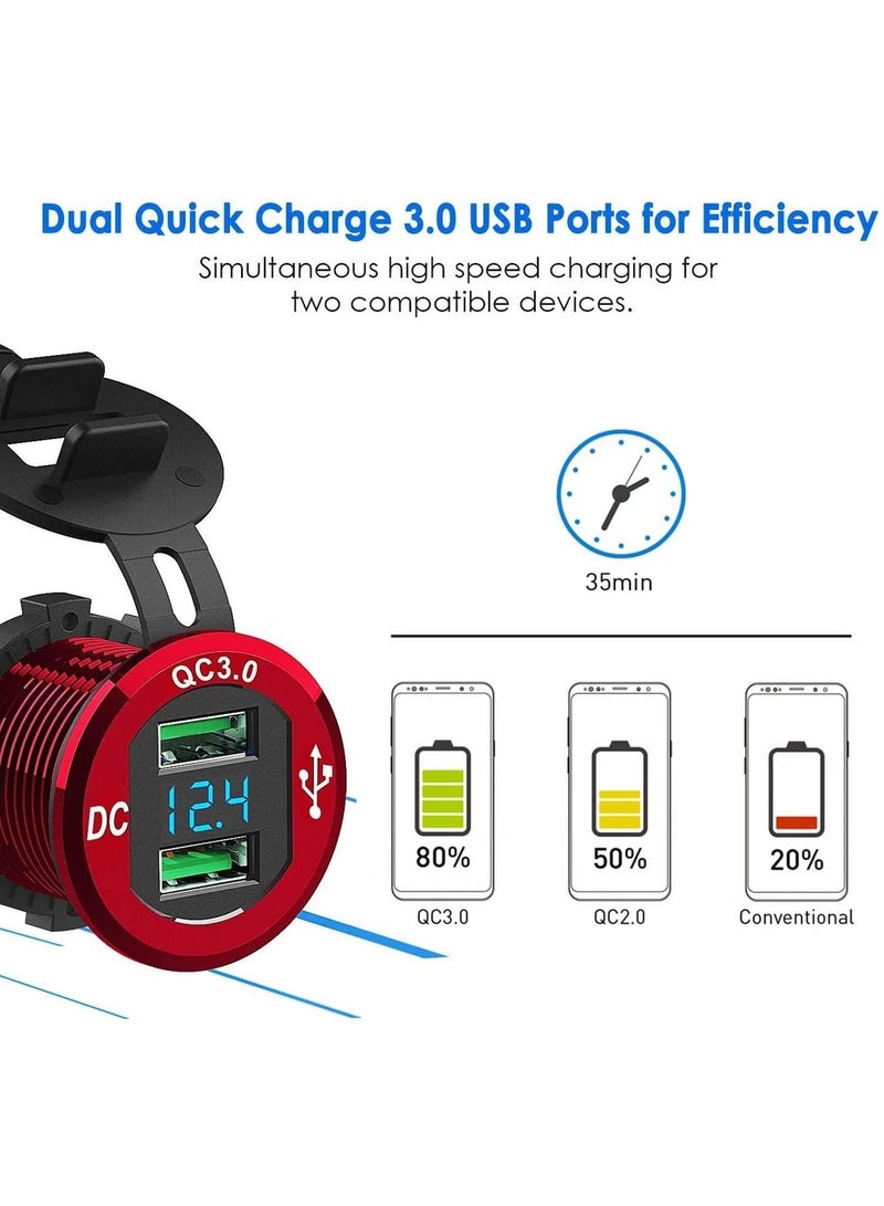 كابتن تيك مقبس شاحن السيارة ، Quick Charge 4.0 PD Type C and 3.0 USB ، 12V / 24V Outlet Power مقاوم للماء مع منافذ مزدوجة للدراجات البخارية البحرية والجولف (أحمر) - Image 2