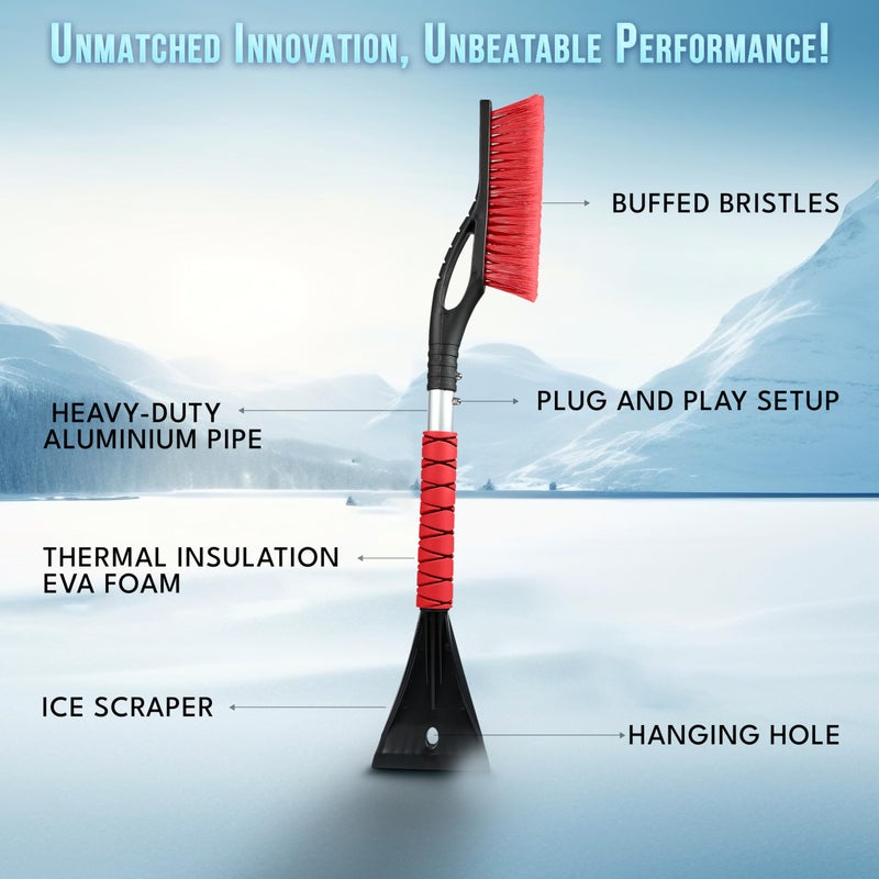 EcoNour 27" Aluminum Car Snow Scraper and Brush (Red) | Scratch-Free Weaved Bristle Head with Metal Body Ice Scraper for Car Windshield | Tough Ice Scraper with Ergonomic Foam Grip for Cars | 1 Pack - Image 4