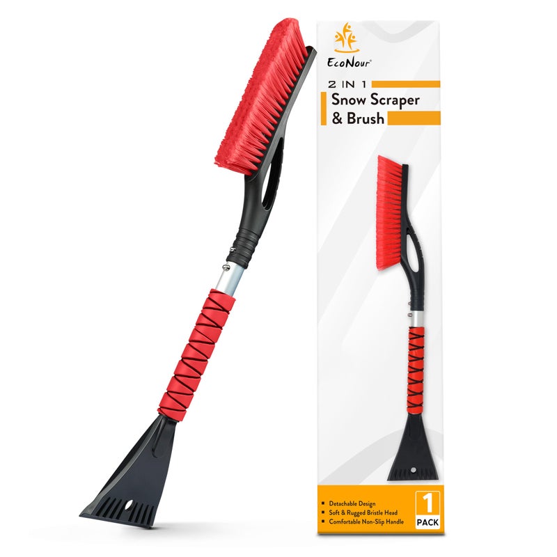 EcoNour 27" Aluminum Car Snow Scraper and Brush (Red) | Scratch-Free Weaved Bristle Head with Metal Body Ice Scraper for Car Windshield | Tough Ice Scraper with Ergonomic Foam Grip for Cars | 1 Pack - Image 1