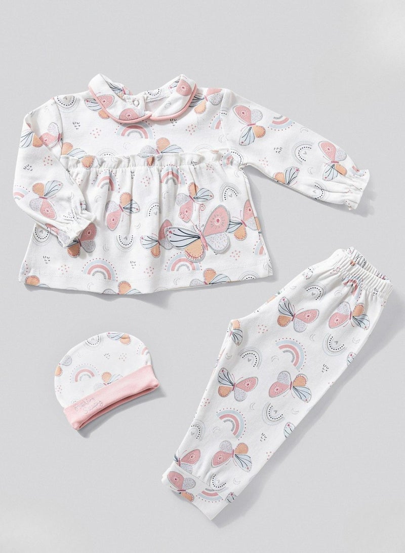 full moon 1 Baby Girls' Butterfly Rainbow Print 3-Piece Set, Long Sleeve Top, Trousers and Hat, White and Pink, Cotton