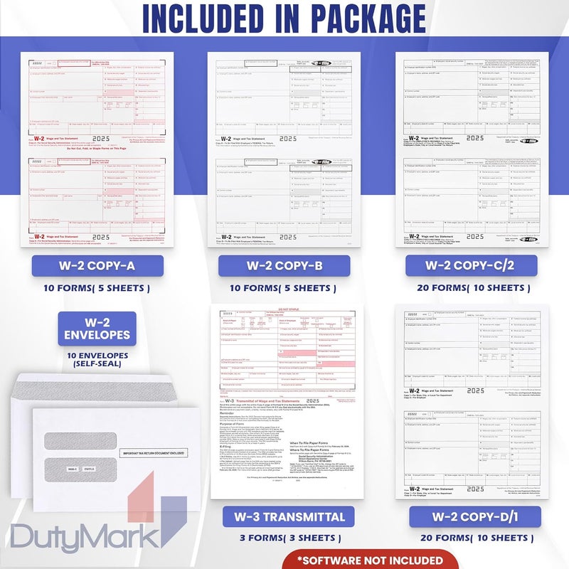 Dutymark W2 Forms 2025 Complete 6 Part Laser W-2 Tax Forms kit, with 3 W3s Transmittal and Self-Seal Envelopes - Kit for 10 Employees, Compatible with QuickBooks and Accounting Software - Image 2