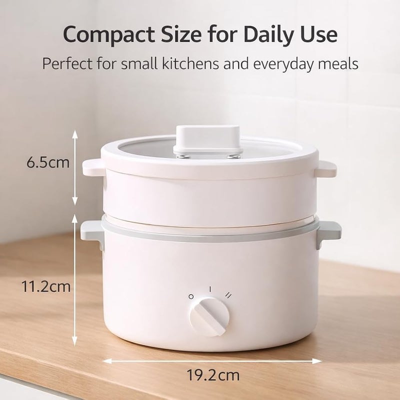 XVersion 1.6L Mini Electric Hot Pot with Steamer, Portable Nonstick Cooker with Dual Power 300W/600W for Ramen, Soup, Pasta, Shabu-Shabu & Steaming - White - Image 5