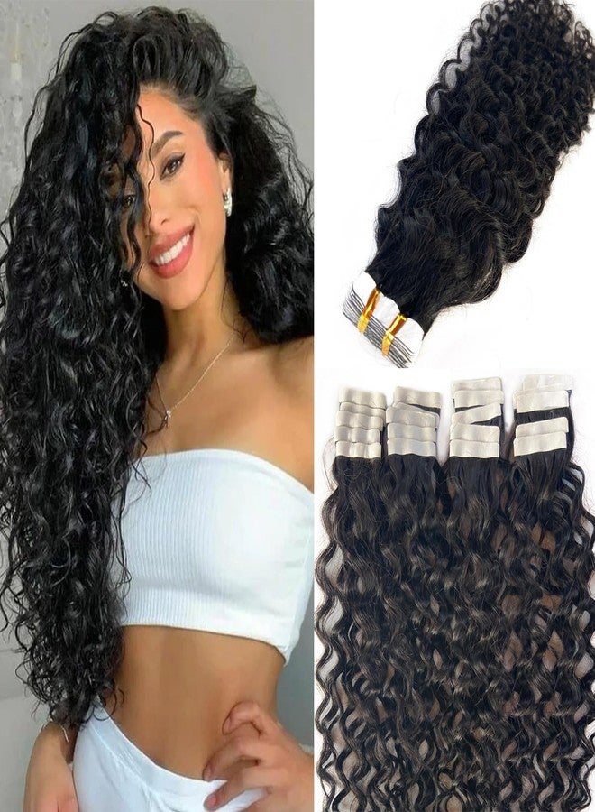 Ubetta 24 Inch Water Wave Tape in Hair Extensions Human Hair, Natural Black Hair Extensions Real Remy Human Hair Tape ins for Black Women, 50g/pack 20pcs Double Sided Invisible Tape Hair Extension - Image 1