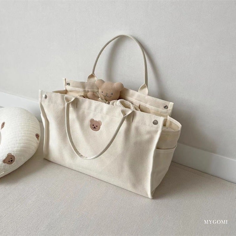 Casual Simple All-Match Bear Embroidered Mummy Bag Baoma Going Out Canvas Bag Mother And Child Tote Bag - Image 2