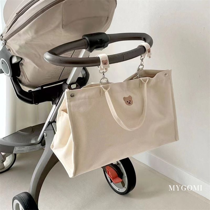 Casual Simple All-Match Bear Embroidered Mummy Bag Baoma Going Out Canvas Bag Mother And Child Tote Bag - Image 4