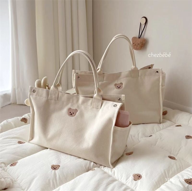 Casual Simple All-Match Bear Embroidered Mummy Bag Baoma Going Out Canvas Bag Mother And Child Tote Bag - Image 3