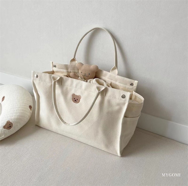 Casual Simple All-Match Bear Embroidered Mummy Bag Baoma Going Out Canvas Bag Mother And Child Tote Bag - Image 1