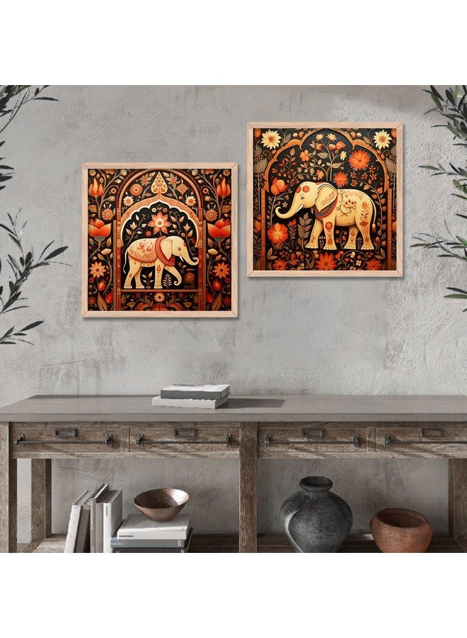 VASL VASL™ Studio Premium Madhubani Art Paintings with Frame for Home Decor - Wall Painting for Living Room Bedroom - Cute Elephant Painting for Wall Decoration -Set of 2 (10x10 inch) (A) - Image 1