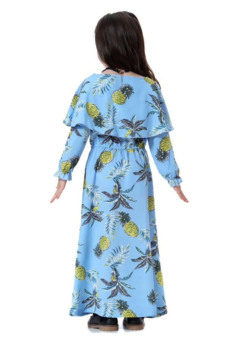 Loquat Girl's Printed Maxi Dress With Long Sleeve Sky Blue Mix  - Image 3