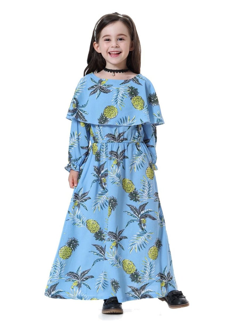 Loquat Girl's Printed Maxi Dress With Long Sleeve Sky Blue Mix  - Image 1