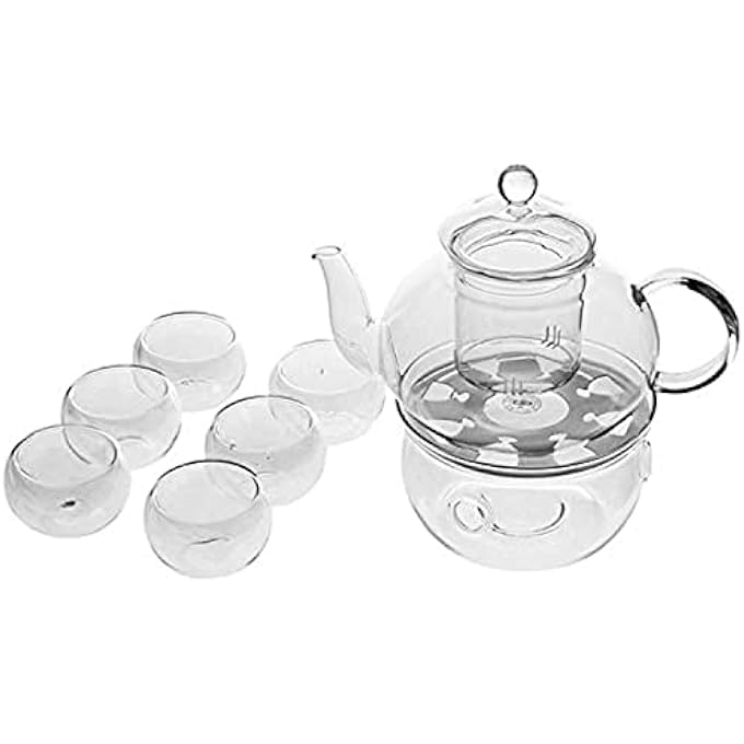 Shallow Borosilicate HeatResistant Glass Tea Pot Set Infuser Teapot  Warmer  6 Double Wall Tea Cups