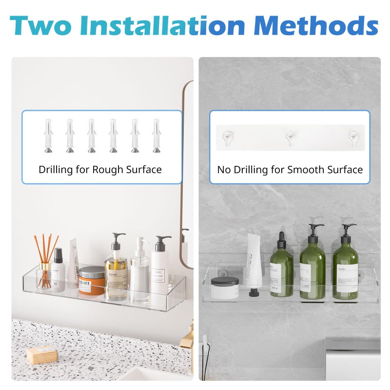 Durmmur 2Pack Acrylic Shower Shelves  Adhesive Bathroom Shower Caddy Organizer  No Drilling/Drilling Wall Floating Shelves for Bathroom Storage Kitchen Home D?cor  No Hook - Image 4