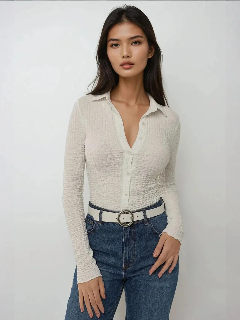 HICCUP Slim Fit Textured Long Sleeve Top