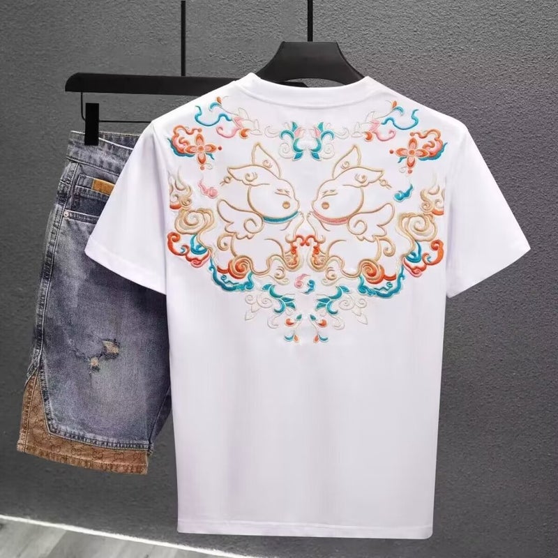 National Fashion Ethnic Style Embroidered Short-Sleeved T-Shirt Men'S 2024 Loose Half-Sleeved Crewneck Top Base Shirt - Image 3