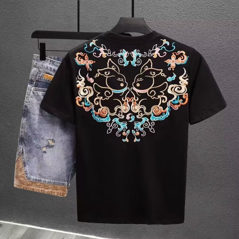 National Fashion Ethnic Style Embroidered Short-Sleeved T-Shirt Men'S 2024 Loose Half-Sleeved Crewneck Top Base Shirt - Image 5