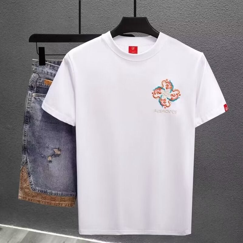 National Fashion Ethnic Style Embroidered Short-Sleeved T-Shirt Men'S 2024 Loose Half-Sleeved Crewneck Top Base Shirt - Image 1
