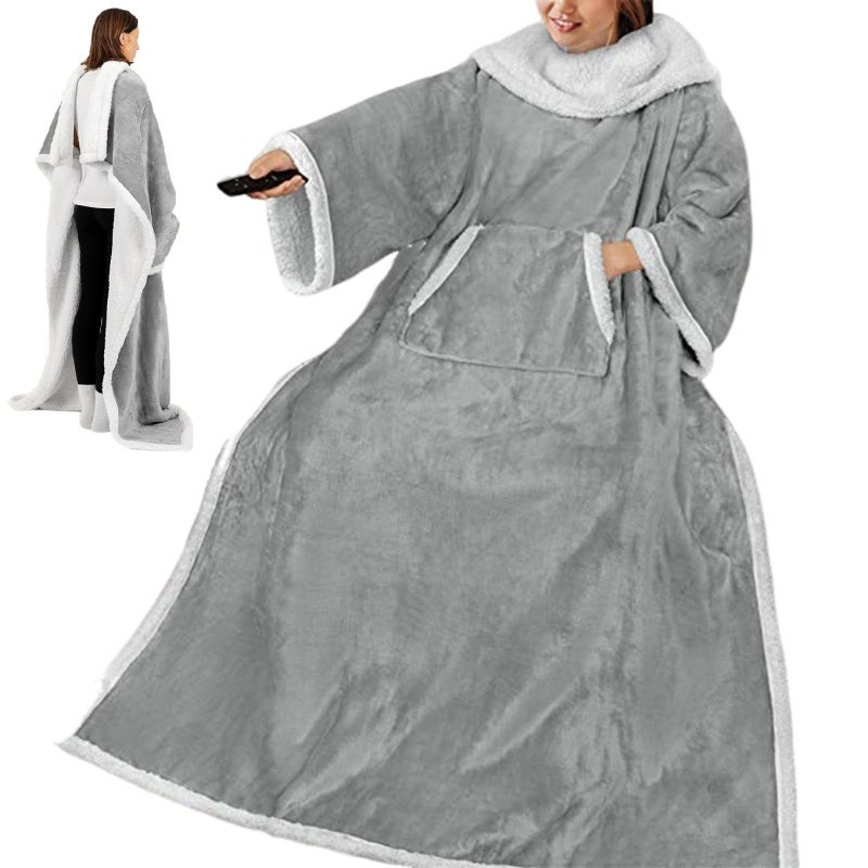 Wearable Blanket Sleeves 127*165cm Grey Soft Flannel & Warm Lambskin Lining - Multifunctional Design With Extra-Large Front Pocket Free Hands Blanket for Home Relaxation Cold Winters Air-Conditioned R - Image 1