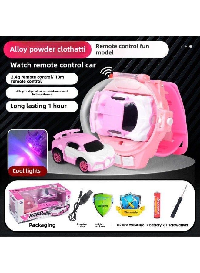 Mini Children's Watch Remote Control Car 2.4G Infrared Alloy Remote Control Car Toy English Outfit-Color:Upgrade Lighting Edition [2.4g Alloy] Pink Cloth Plus  - Image 1